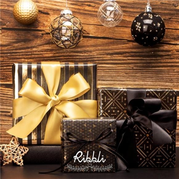 Christmas Wrapping Paper Black and Gold, 3 Rolls - 17 inch x 120 inch(10ft) - Picture 5 of 7